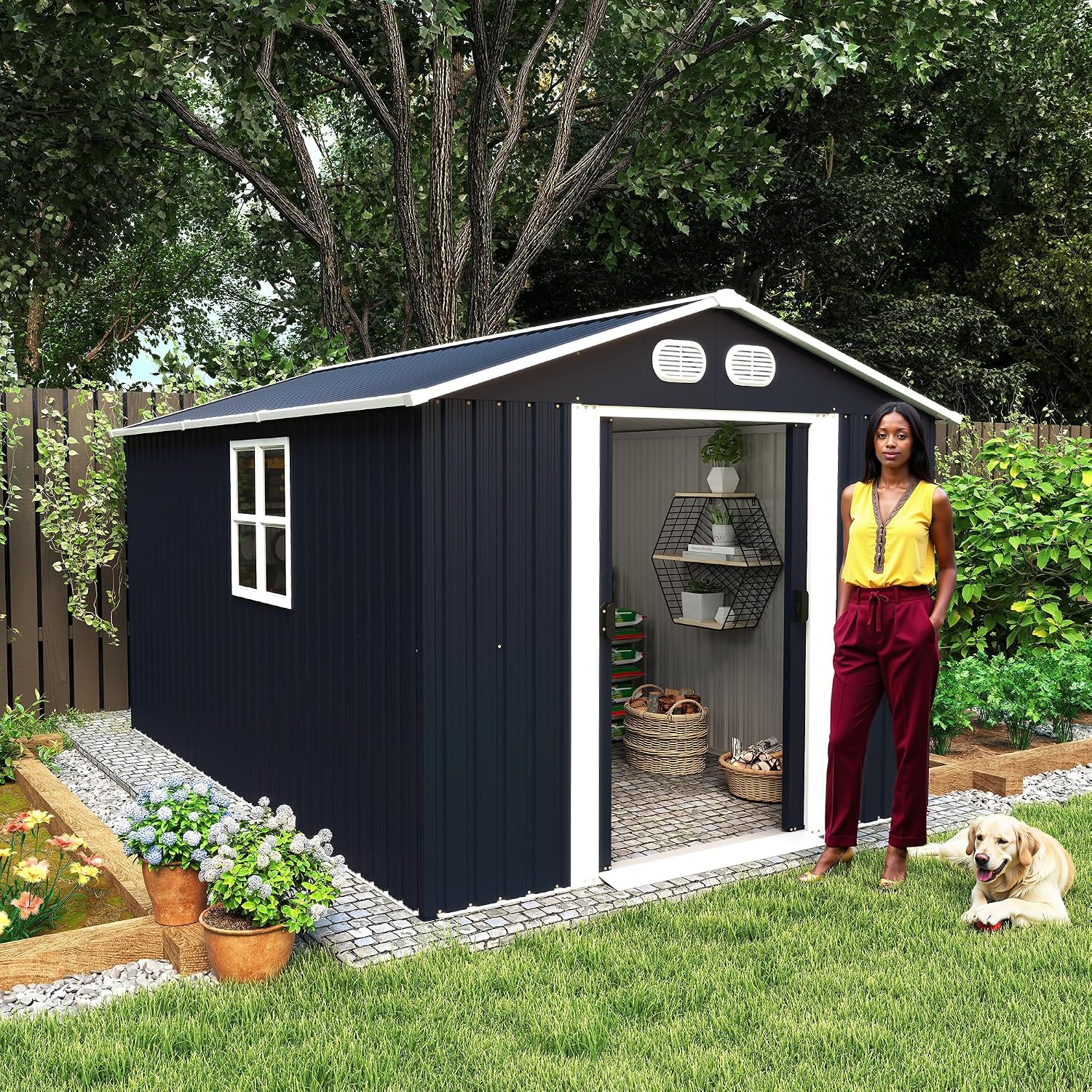 KEIKI 8x12 FT Outdoor Storage Shed, Heavy-Duty Metal Shed with Lockable Doors & Air Vents, Weather-Resistant Garden Tool Storage for Backyard Patio, Dark Gray