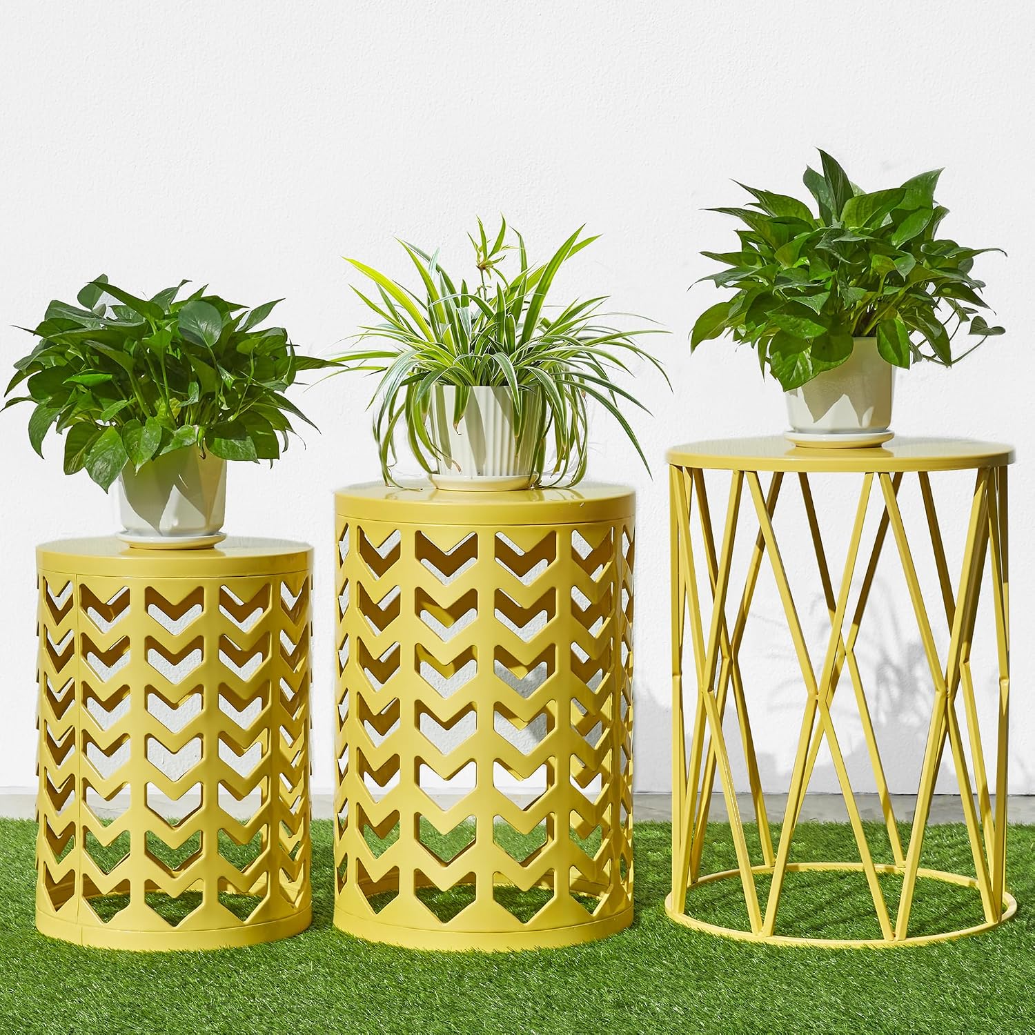 Y&M Set of 3 Nesting Metal Round Coffee Table, Side Table End Table for Indoor Outdoor Multifunctional Use,Heavy Duty Metal Plant Stand Decorative Garden Stool- Yellow(Ship from US)