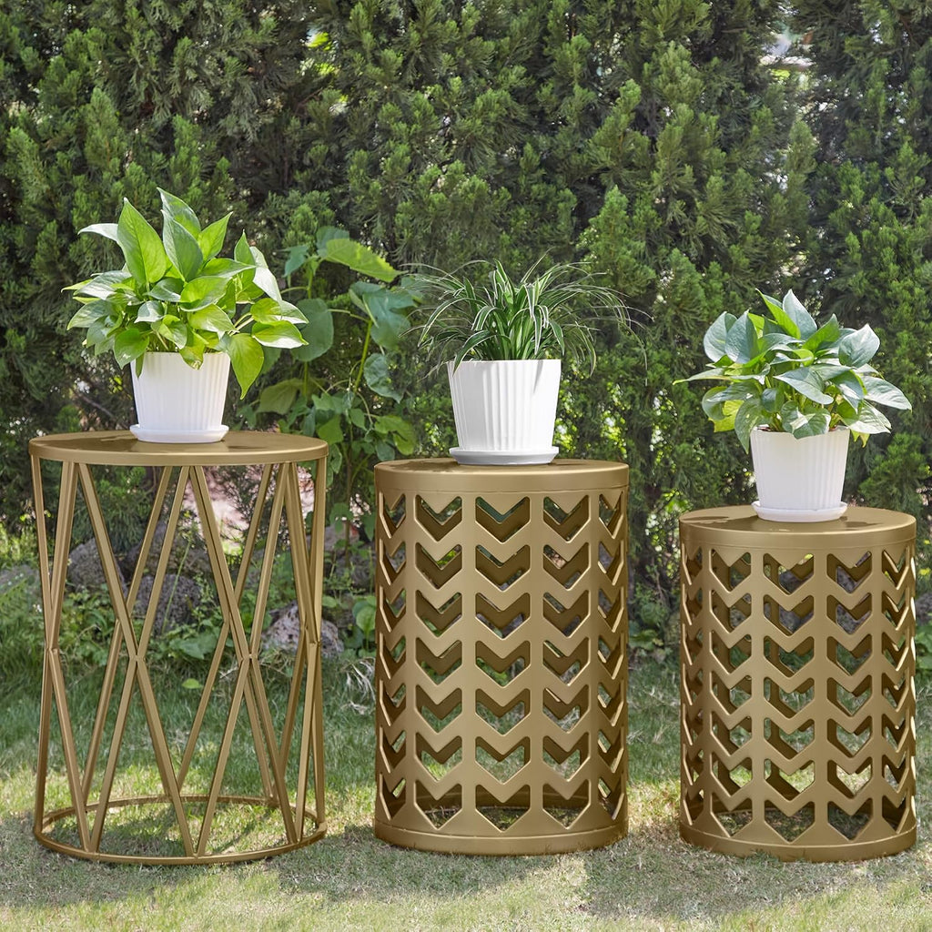 Y&M Set of 3 Gold End Tables, Nesting Metal Round Coffee Table, Heavy Duty Metal Plant Stand Garden Stool, Outdoor Multifunctional Use