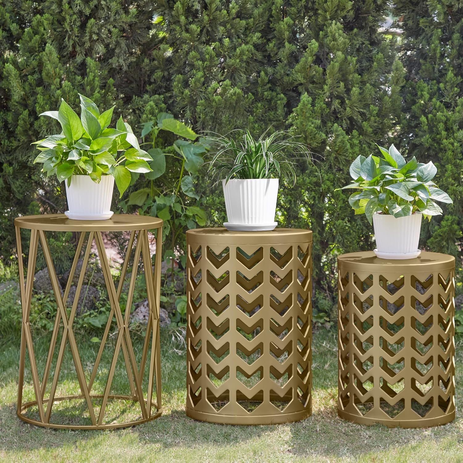 Y&M Set of 3 Gold End Tables, Nesting Metal Round Coffee Table, Heavy Duty Metal Plant Stand Garden Stool, Outdoor Multifunctional Use
