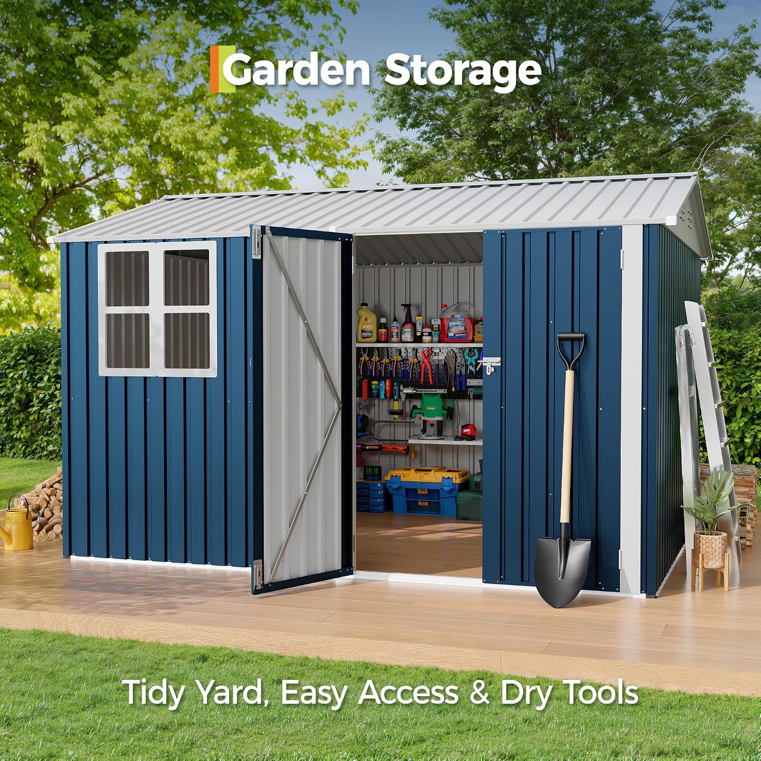Garvee 10X8 FT Storage Shed with Cross Windows & Double Doors, 450 Cu Ft Large Outdoor Tool Shed, Garden Shed for Riding Mower, Bike, Lawn Equipment - All Weather Meta