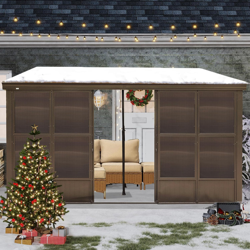 Domi 12x14FT Wall Mounted Sunroom, Against Wall Solarium with Galvanized Steel Sloping Roof, Detachable PVC Screen, Lockable Sliding Front and Side Doors, Lean-to Gazebo Sun Room for Deck Patio
