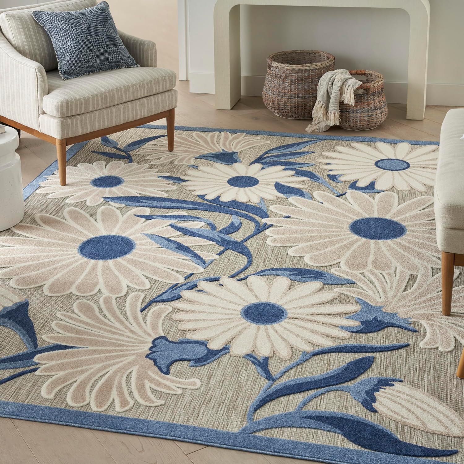 Nourison Home Aloha Blue Grey 6' x 9' Area Rug - Easy Clean, Non Shedding, Bed Room, Living Room, Dining Room, Kitchen (6' x 9')