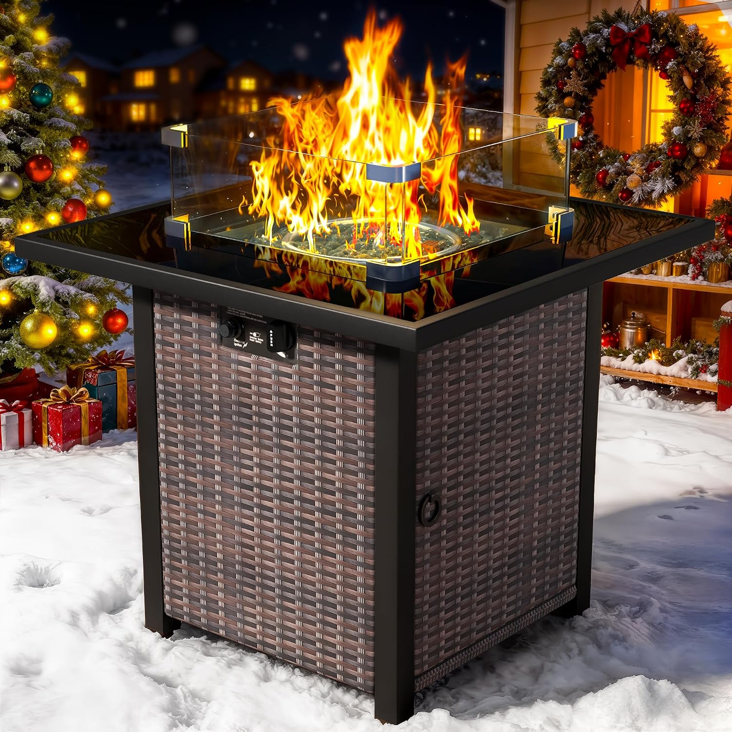 Propane Fire Pit Table, Outdoor Fire Pit Table, 27' Rattan Square Outdoor Gas Fire Pit with Glass Wind Guard, Tempered Glass Tabletop, Lid, CSA Listed, 50,000 BTU for Outside Patio Deck & Garden,Brown