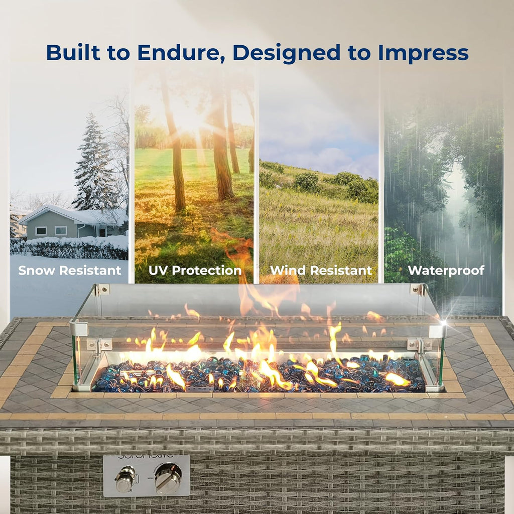 SereneLife Outdoor Propane Fire Pit Table, 50,000 BTU Wicker Gas Firepit with Tile Tabletop, with Glass Wind Guard and Decorative Glass Stones, CSA Certified, Weatherproof Cover, 43'x27'x25'