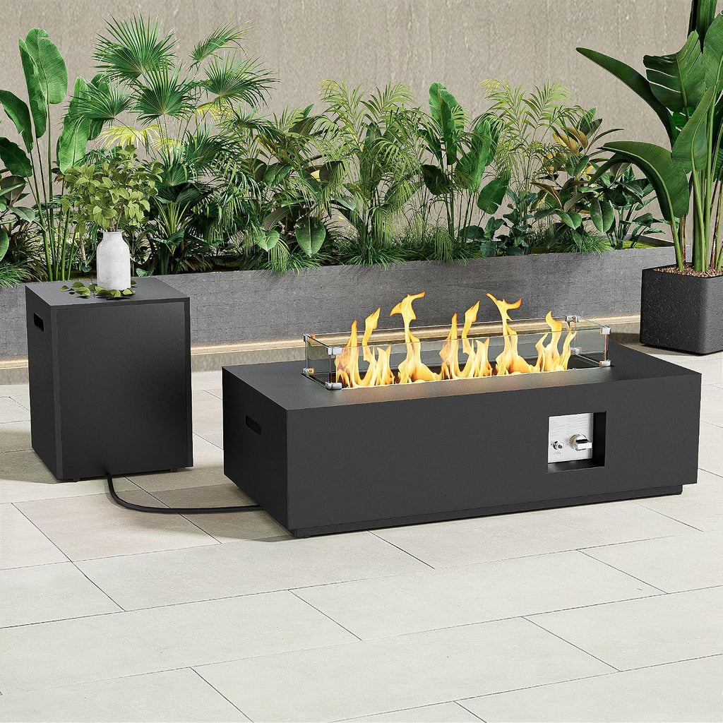 Dineli 2-Piece Outdoor Propane Fire Pit Table Set w Tank Table 42'' Rectangular Firepit Gas Fire Pits for Outside Patio Fire Table Tabletop Fire Pits w LED, 50,000 BTU, Black