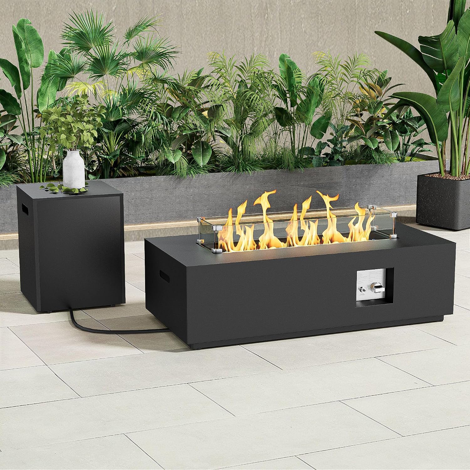 Dineli 2-Piece Outdoor Propane Fire Pit Table Set w Tank Table 42'' Rectangular Firepit Gas Fire Pits for Outside Patio Fire Table Tabletop Fire Pits w LED, 50,000 BTU, Black