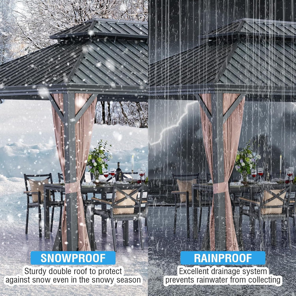 LeDoasis Blazar Hardtop Gazebo 12' X 16' with Nettings and Curtains, Outdoor Canopy for Patio Lawn and Garden, Vertical Stripes Galvanized Steel Double Roof Canopy