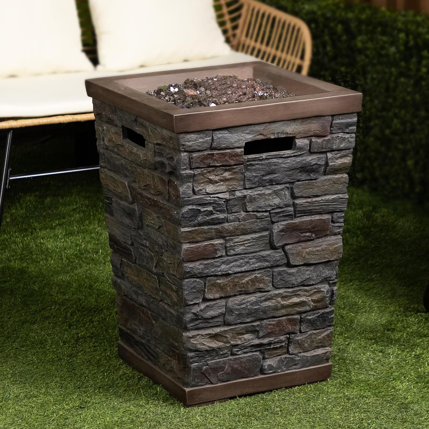 Alpine Corporation GXT966 Stone Look Column Gas Fire Pit with 32K BTU and Adjustable Flame, Cozy Patio Decor, 29' H, Multicolor