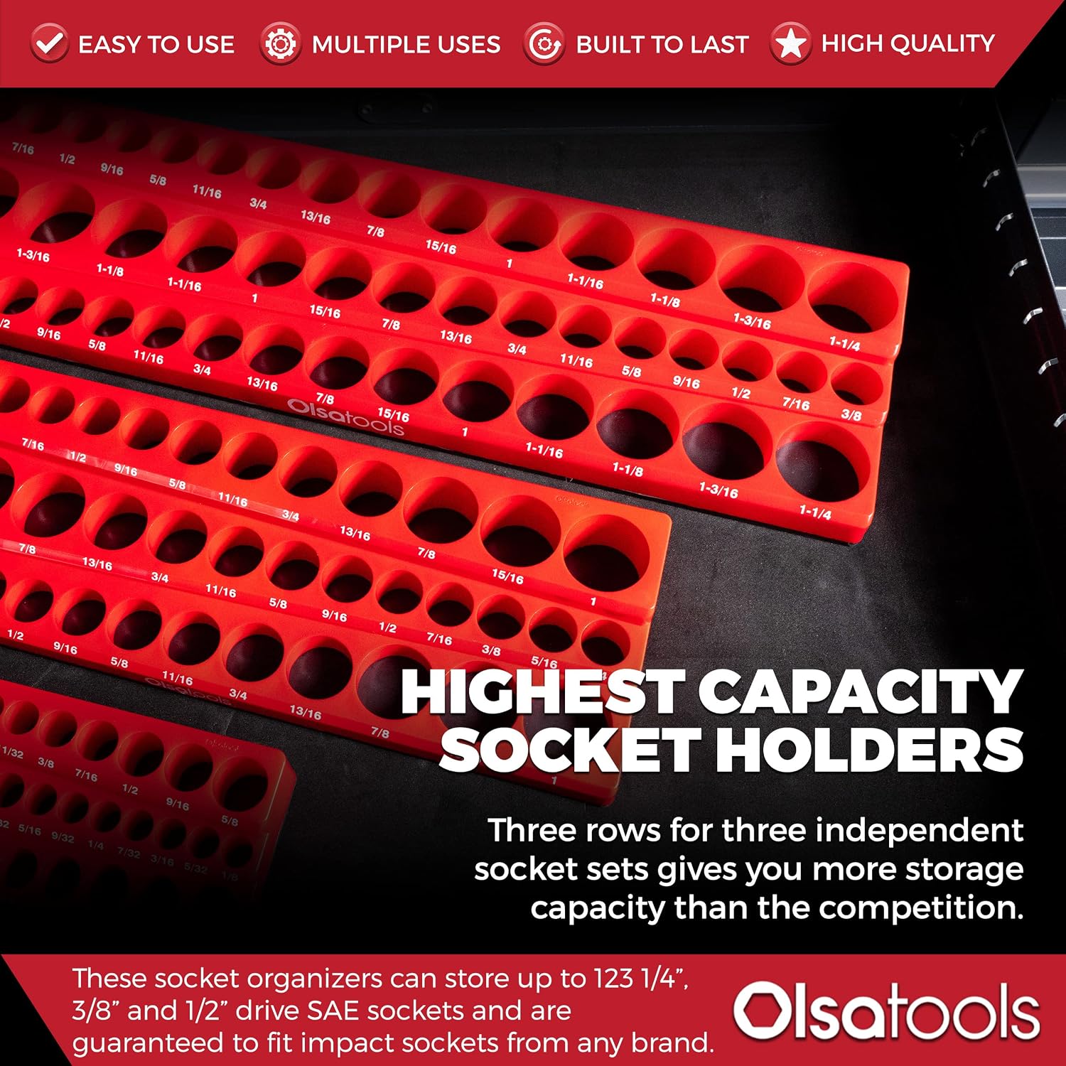 Olsa Tools Magnetic Socket Organizer - 1/4', 3/8' & 1/2-Inch Drive SAE Socket Holder Set - Professional Tool Holder and Organizer - Stores up to 123 Sockets - Red - Part: 1560