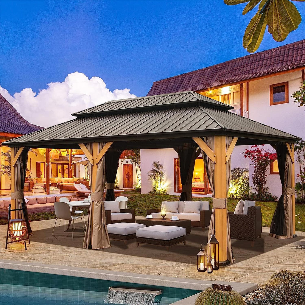 12x20Ft Hardtop Gazebo Wood Gazebo Outdoor Cedar Wood Frame with Galvanized Steel Double Roof Outdoor Permanent Metal Pavilion with Curtains and Netting for Patio Backyard Lawn, Brown