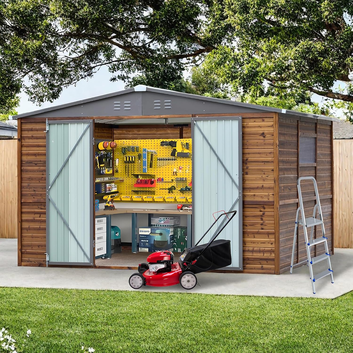8x10 FT Outdoor Tool Shed, Wood-Iron Combination Storage Shed with Ventilation, Weather-Resistant Roof, Lockable Doors & Wood Grain Finish for Backyard and Garden