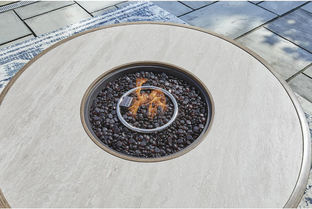 Signature Design by Ashley Rainier Ranch Contemporary Sintered Stone Tabletop Outdoor Fire Pit Table with Pedestal Base, Light Brown & Beige
