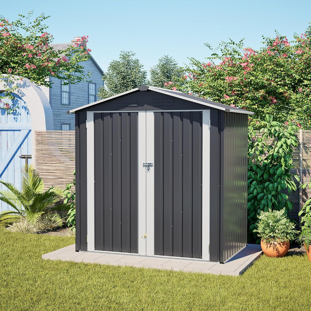 6x4 FT Shed Outdoor Storage Metal Large Garden Tool Sheds with Lockable Doors Slooping Roof Floor Frame Waterproof Steel Utility Equipment Shed for Backyard Patio Lawn Poolside, Grey