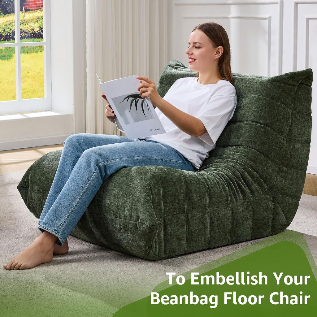 Bean Bag Chairs for Adults Giant Bean Bag Chair Memory Foam BeanBag Chair Bean Bag Sofa with Filler Faux Fur Fireside Beanbags Lazy Sofa for Living Room Bedroom Office (Green Chenille, Single)