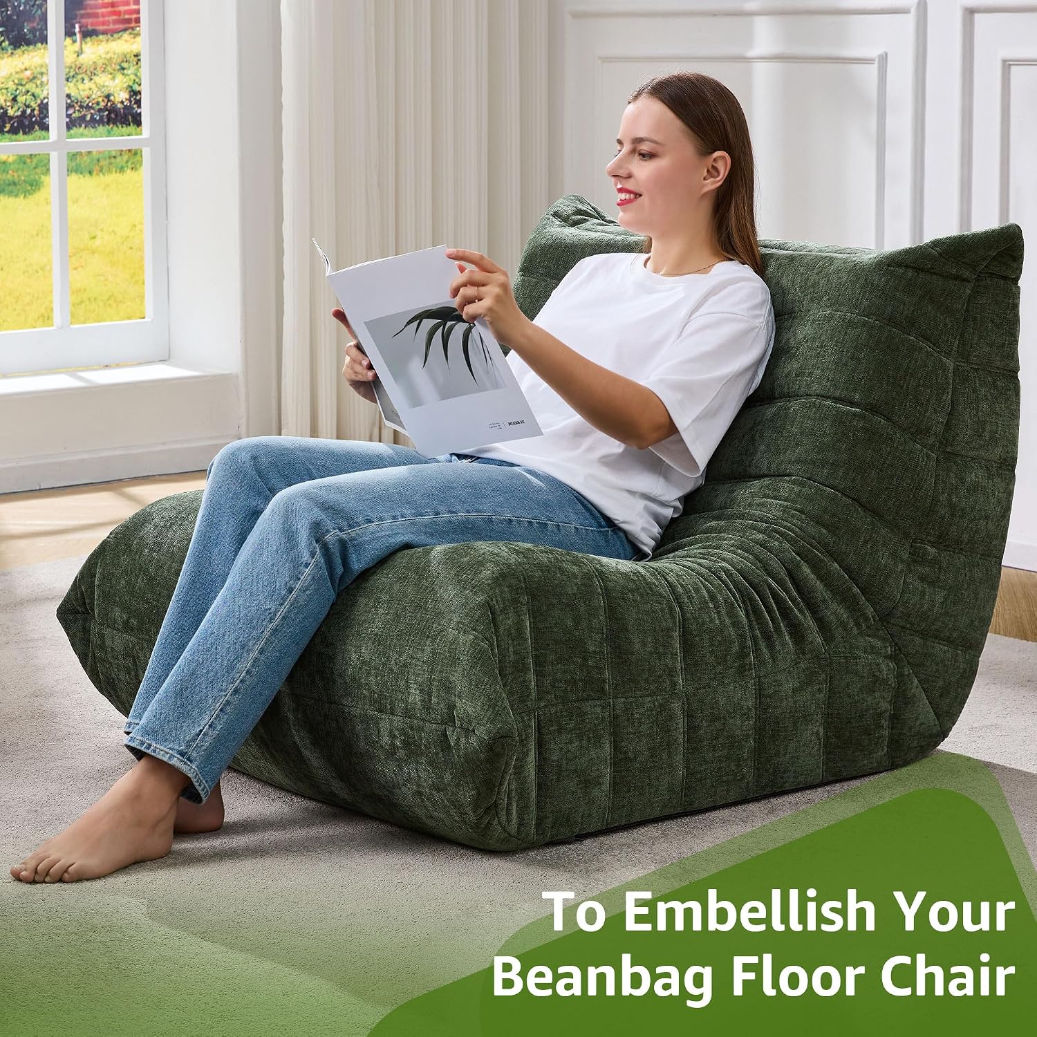 Bean Bag Chairs for Adults Giant Bean Bag Chair Memory Foam BeanBag Chair Bean Bag Sofa with Filler Faux Fur Fireside Beanbags Lazy Sofa for Living Room Bedroom Office (Green Chenille, Single)