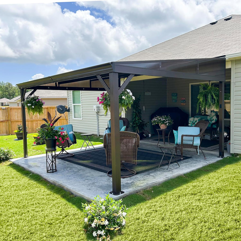 Domi 10x12FT Lean to Gazebo, Hardtop Wall Mounted Gazebo with Sloping Galvanized Steel Roof, Wall Pergola with Aluminum Frame, Curtains and Netting, for Patio, Deck, Garden, Backyard