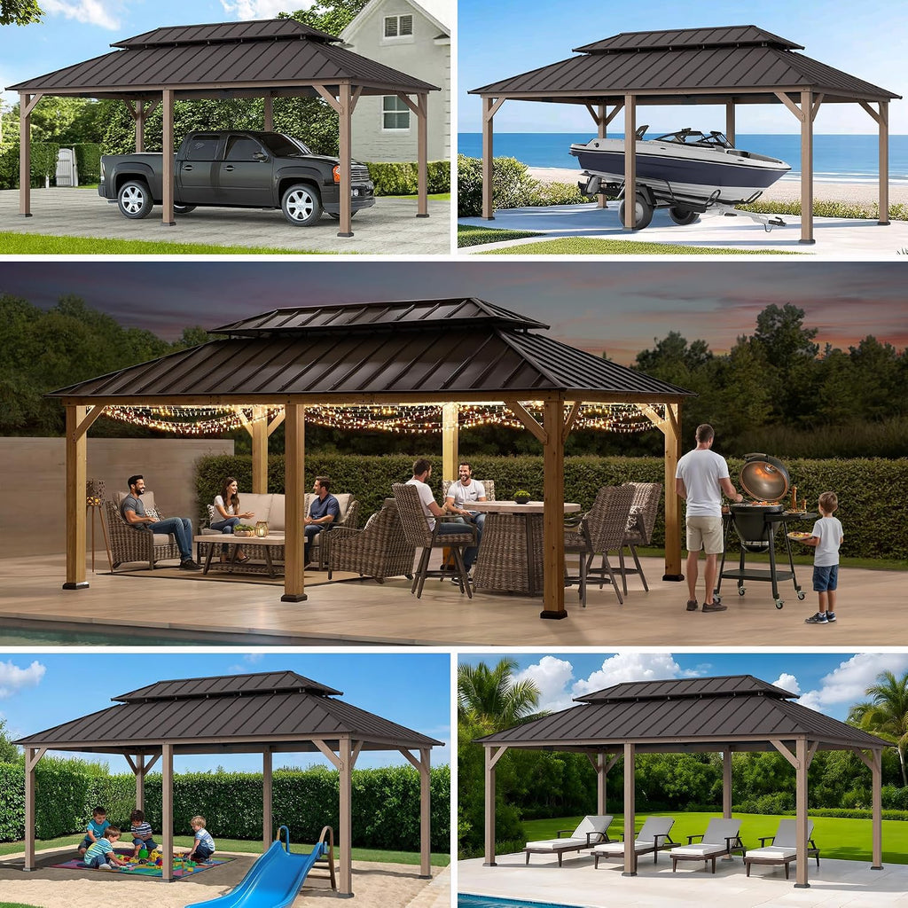 SUNJOY 12 x 20 ft. Wood Gazebo, Outdoor Patio Cedar Framed Wooden Hardtop Gazebo with 2-Tier Metal Roof, Suitable for Patios, Lawn, and Backyard, Dark Brown Roof + Dark Wood Frame