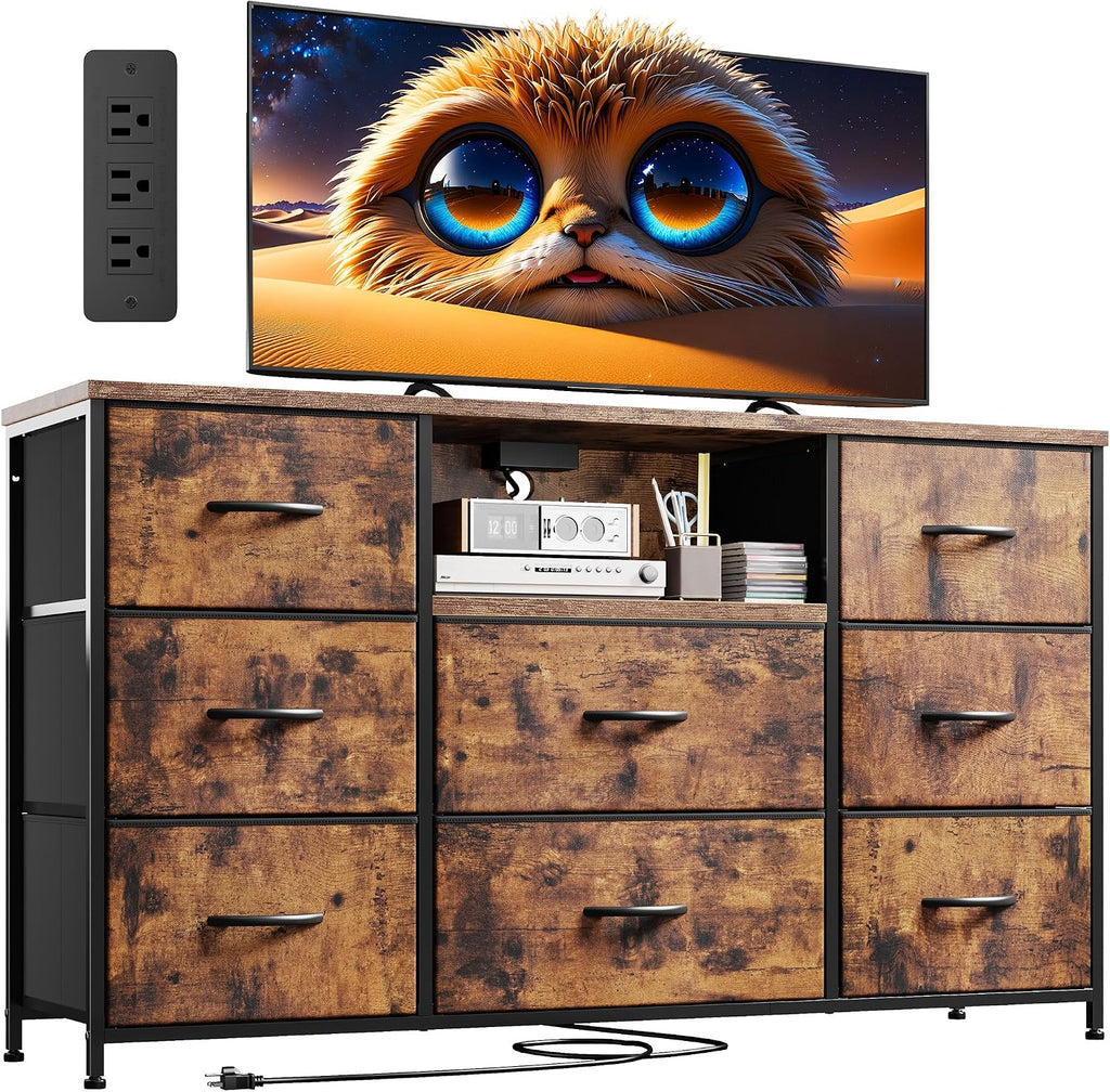 Dresser for Bedroom with Charging Station, 8 Drawers Dressers & Chests of Drawers for 50 55 inch TV, Dresser TV Stand for Bedroom, Fabric Dresser with Open Shelves for Living Room Hallway, Brown