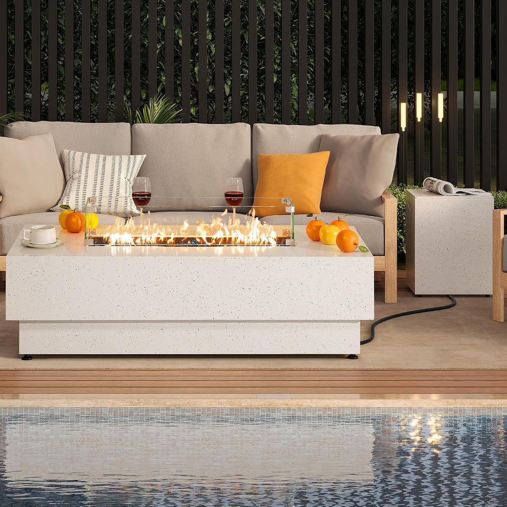IRONCK 50-Inch Outdoor Propane Fire Pit Table w Tank Table, CSA Certified, Rectangular Patio Fire Pit w Glass Rocks, Wind Guard and Cover, 58000 BTU 2 in 1 Outdoor Heater for Deck Garden, White