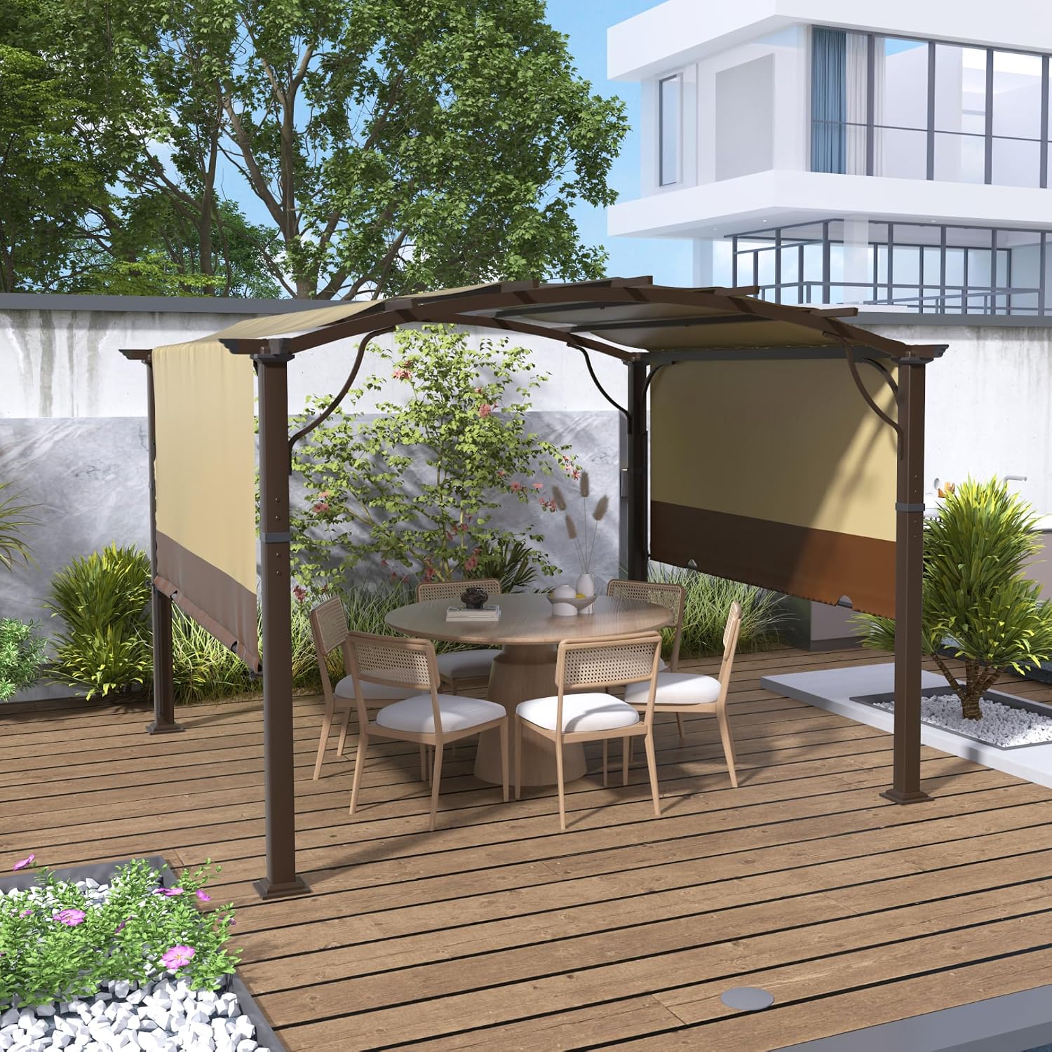 10' x10' Arched Outdoor Pergola for Deck, Outdoor Retractable Pergola with Canopy and Hardware, Small Aluminum Frame with Canopy Fixed in Various Positions (Brown)
