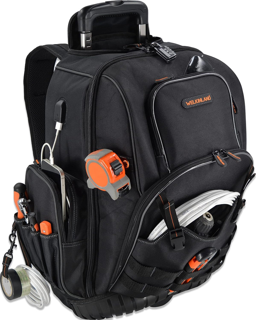 WELKINLAND 72Pockets Rolling Tool backpack, Large tool bag with wheels, Rolling Electrician bag with wheels for men