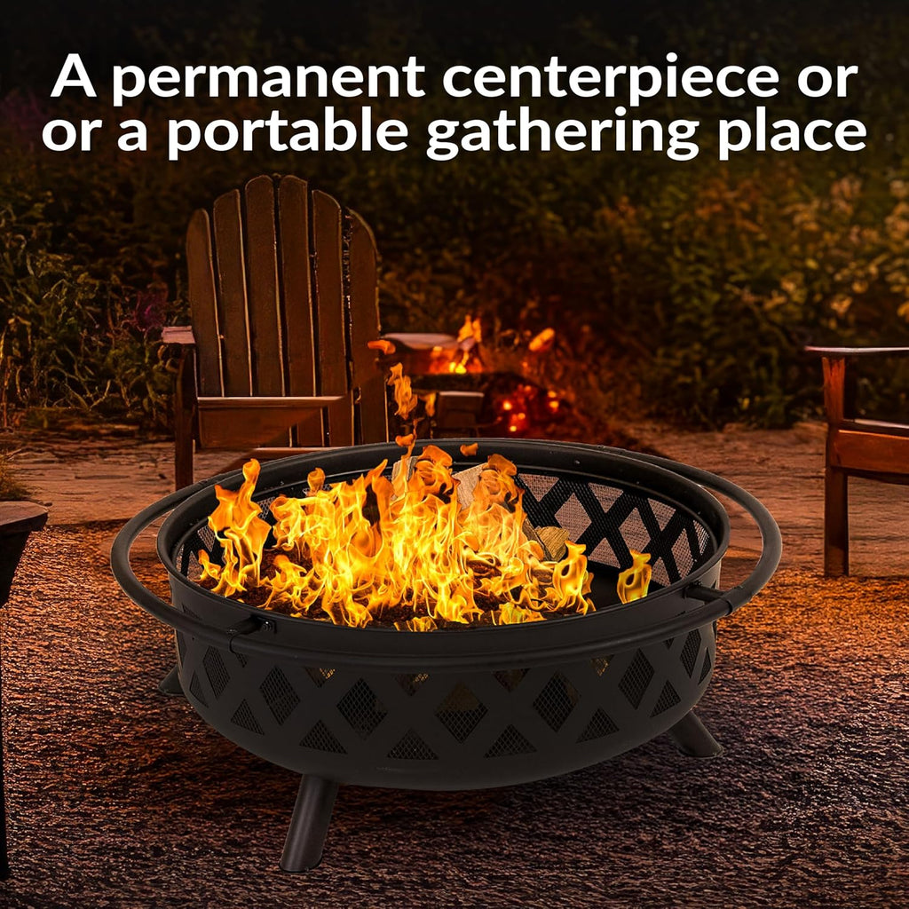 Sunnydaze Crossweave Outdoor Fire Pit - Wood-Burning Fire Pit for Outside with Spark Screen, Poker and Round Cover - 36-Inch - Black