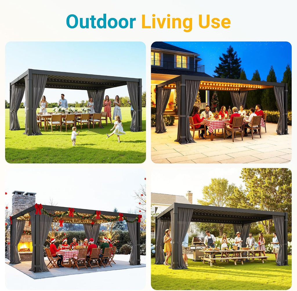 12' x 16' Louvered Pergola, Outdoor Pergola with Curtains & Netting, Metal Patio Pergola with Adjustable Louvers Roof and Gutter System, Metal Hardtop Gazebo for Patio, Deck, Garden, Yard, Dark Gray