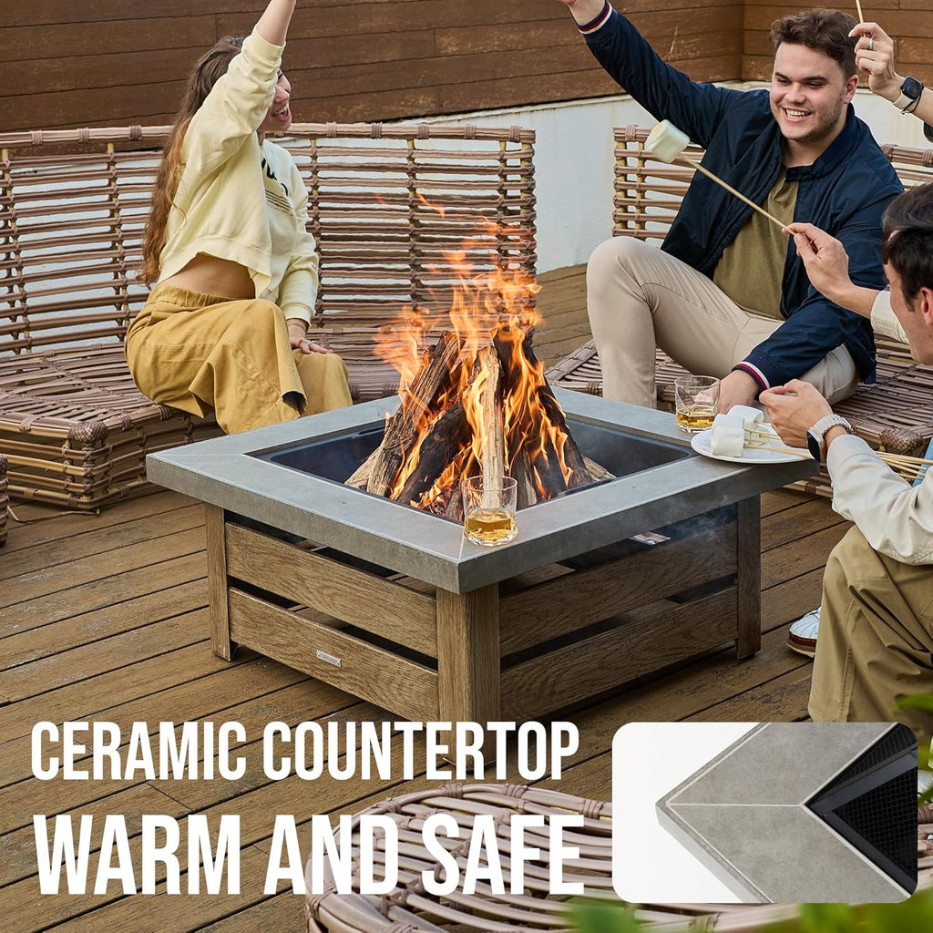 WILDMOS Firepits for Outside，Wood Burning Fire Pit with Wood-Grain Side Panels,Firepit for Outside with Mesh Cover & Fire Poker,Square Modern Outdoor Fireplace Fire Table. (Countryside)