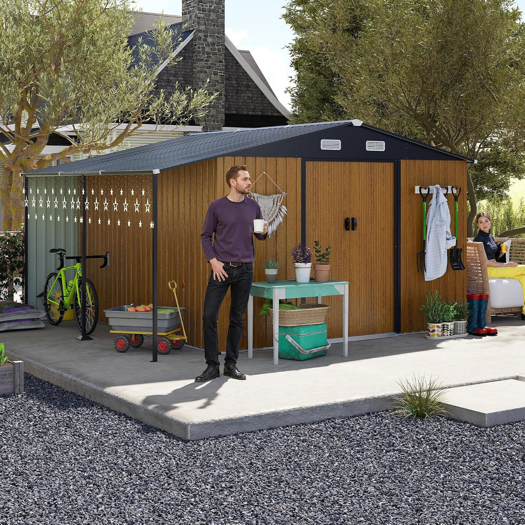 10x12 FT Outdoor Storage Shed with Sliding Lockable Doors & Windows, Extra Large Metal Shed with Dual-Zone Design, Galvanized Steel Utility Shed for Garden, Backyard, Tool Storage (Yellow, 10x12 FT)