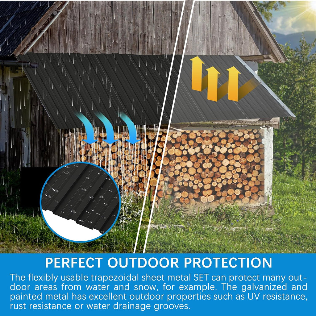 Metal Roof Panels 10Pcs Roofing Panels Galvanized Steel with Screw Resistant,Versatile and Durable Suitable for Garages,Sheds, Stables and Mobile Homes Black 70 sq.ft