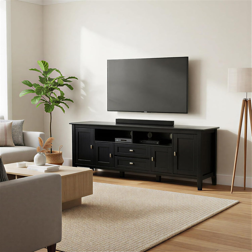 SIMPLIHOME Warm Shaker TV Stand - 72 inch Wide Solid Wood Media Console in Black, Transitional Entertainment Center for Living Room for TVs up to 80 Inches with Cabinets and Cable Management