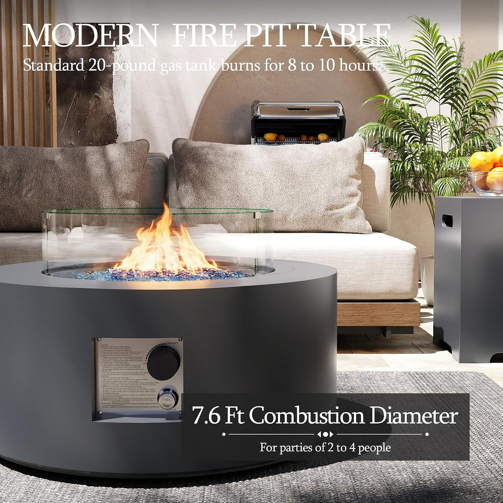 UPHA 28-inch Outdoor Propane Gas Fire Pit Table 40000 BTU Iron Round Firepit for Outside Patio with Tank Hidden Table, Wind Guard, Removable Lid, Blue Glass Rocks, Rain Cover, Grey