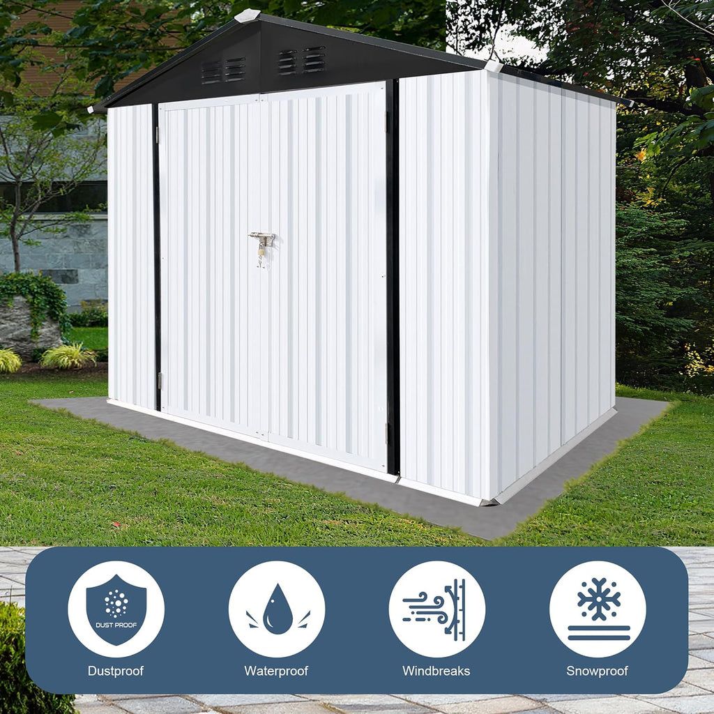 Shed with Windows,Large Metal Outdoor Storage Shed, Lockable Tool Storage shed, Steel Garden shed, Suitable for Backyard, Terrace, and Poolside (Roof White+Black, 6FTx4FT)
