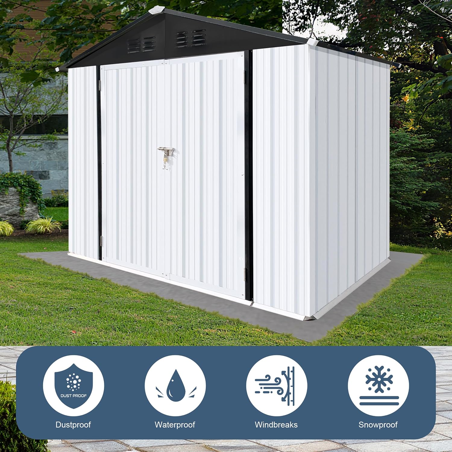 Shed with Windows,Large Metal Outdoor Storage Shed, Lockable Tool Storage shed, Steel Garden shed, Suitable for Backyard, Terrace, and Poolside (Roof White+Black, 6FTx4FT)