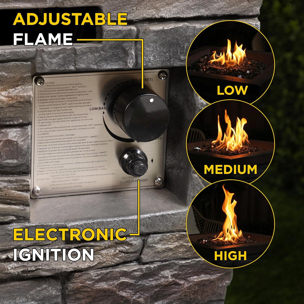 Alpine Corporation GXT966 Stone Look Column Gas Fire Pit with 32K BTU and Adjustable Flame, Cozy Patio Decor, 29' H, Multicolor