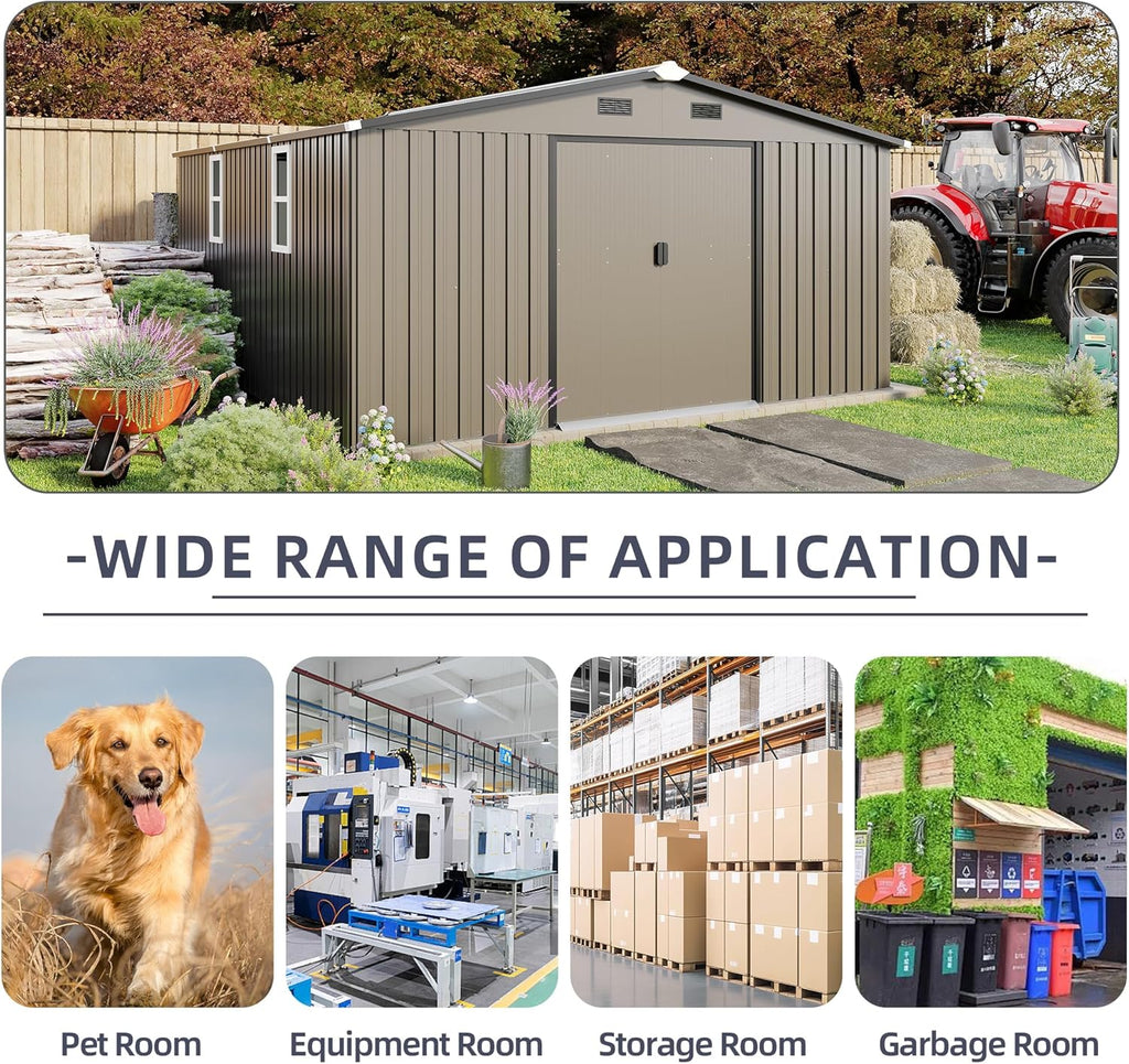 10x12 FT Metal Outdoor Storage Shed with Windows and Tool Kit, Heavy Duty Color Steel Panel, Weatherproof Utility Shed for Backyard Garden, Large Storage Building for Tools, Equipment and Bikes