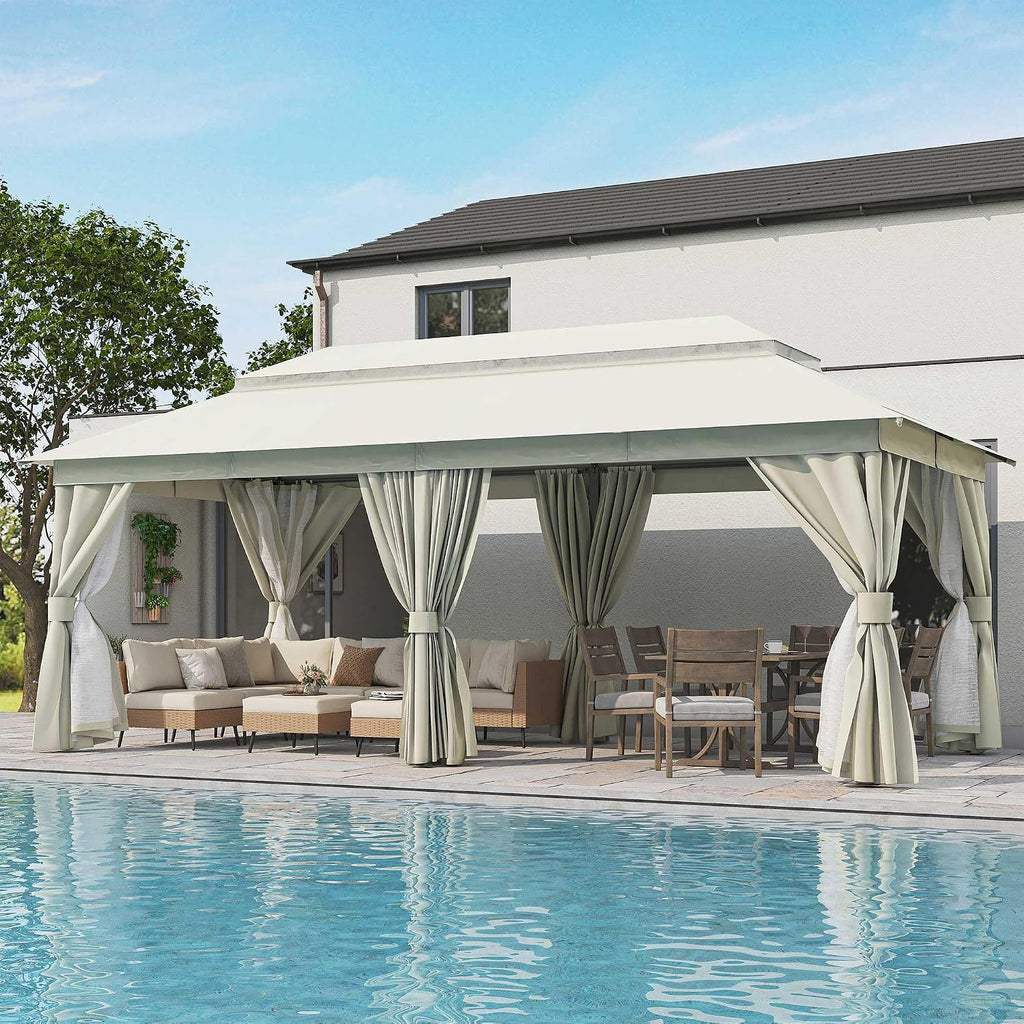 LAUSAINT HOME 10'x20' Outdoor Gazebo, Metal Frame Heavy Duty Patio Canopy Tent Shelter with Double Roofs, Mosquito Nettings and Privacy Screens for Backyard, Garden, Lawn, Cream White
