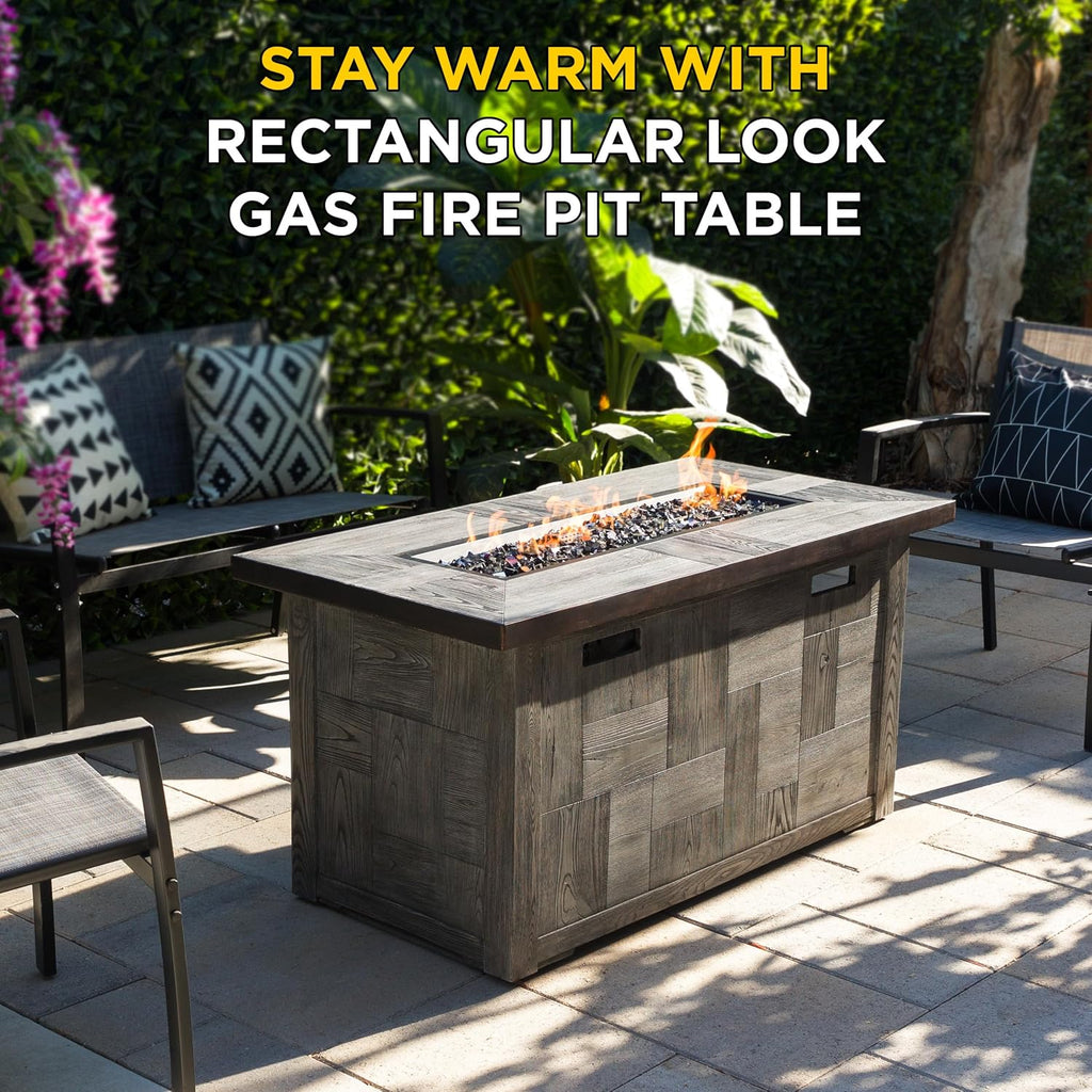 Alpine Corporation GXT974 Rectangular Wood Look Fire Pit Table with 50K BTU & Adjustable Flame, Cozy Patio Décor, 24' H, Gray