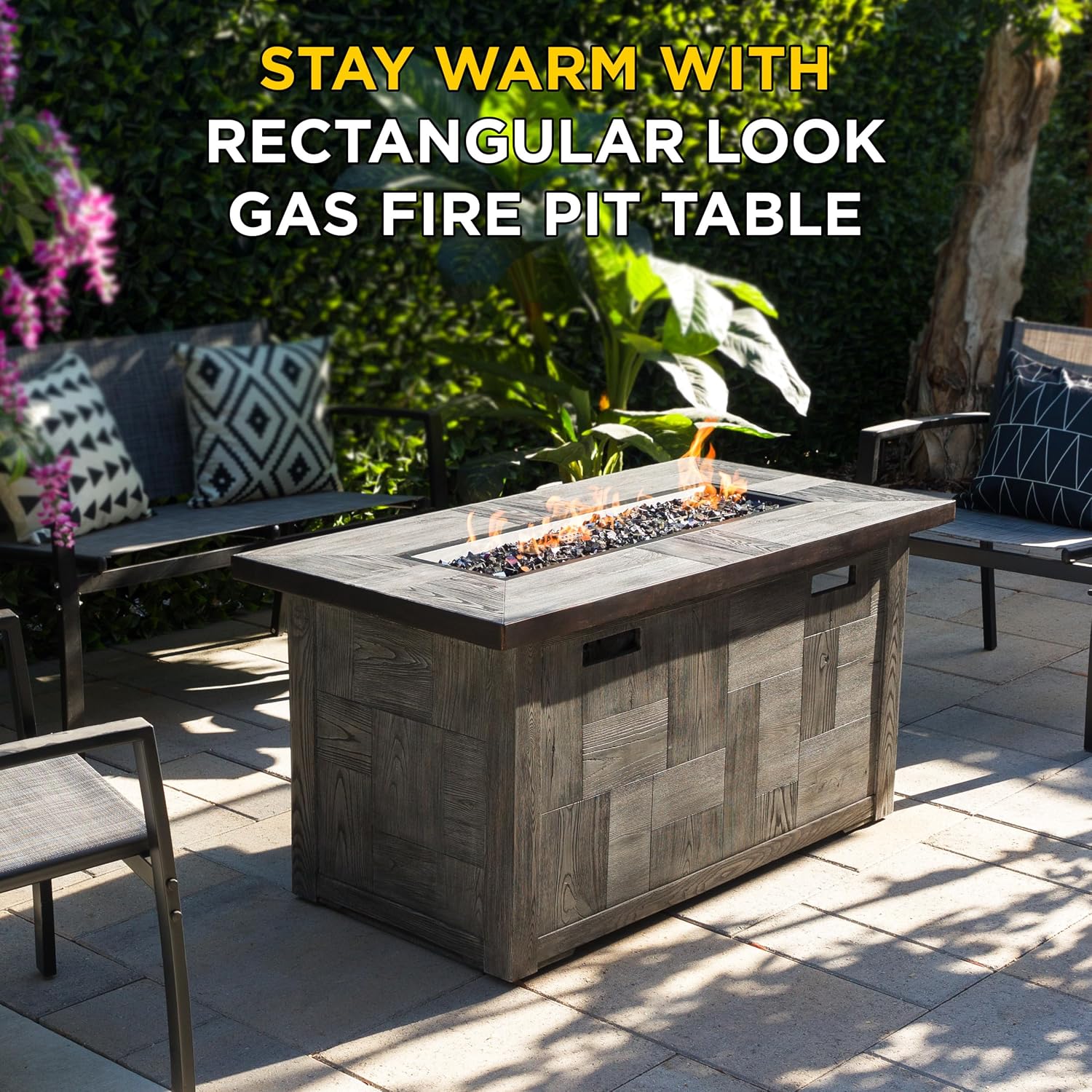 Alpine Corporation GXT974 Rectangular Wood Look Fire Pit Table with 50K BTU & Adjustable Flame, Cozy Patio Décor, 24' H, Gray