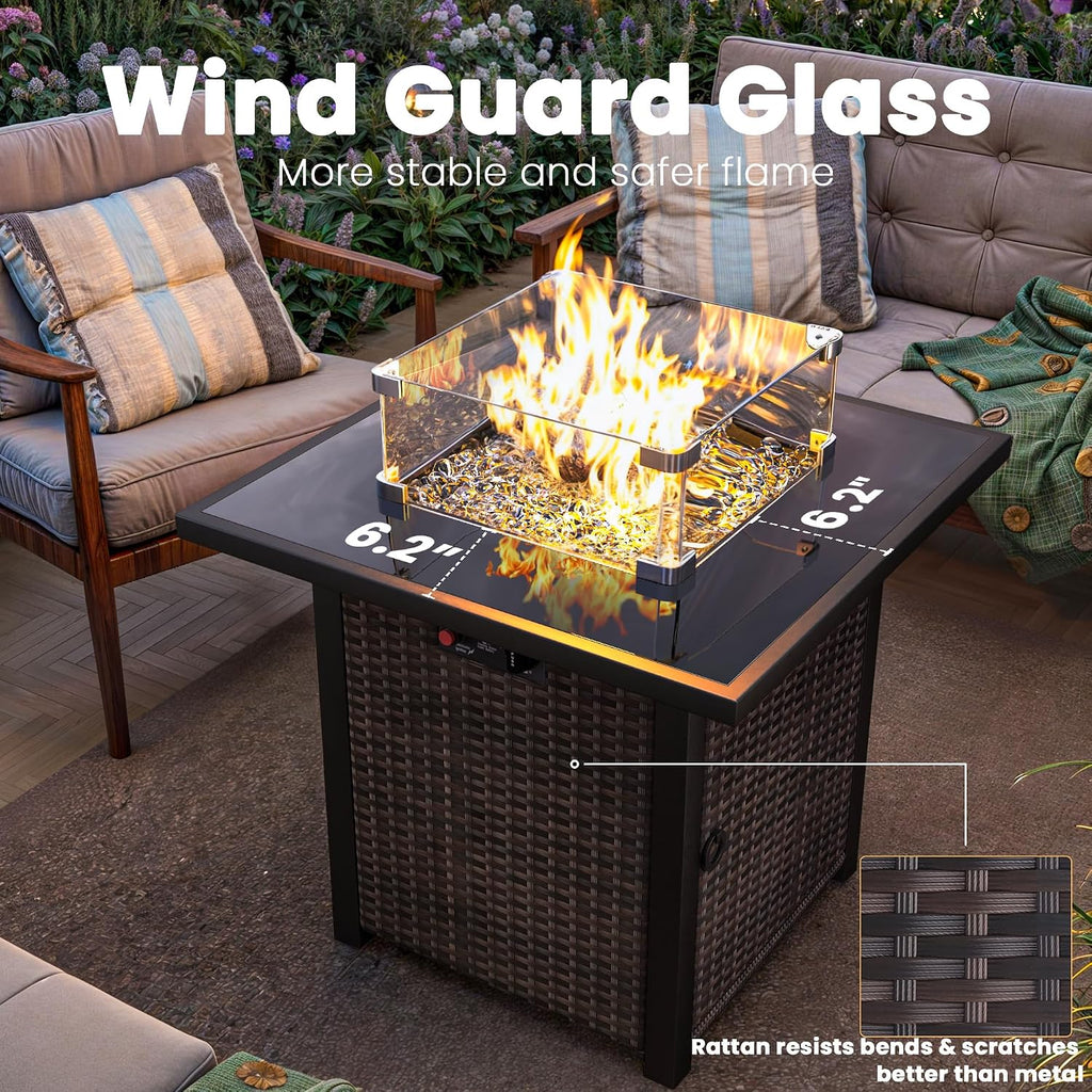 Propane Outdoor Fire Pit Table, 28' Rattan Square Fire Pit Table, Outdoor Gas FirePit W/Glass Wind Guard, Tempered Glass Tabletop, Lid, CSA Listed, 50,000 BTU, Outside Patio Deck & Garden, Brown