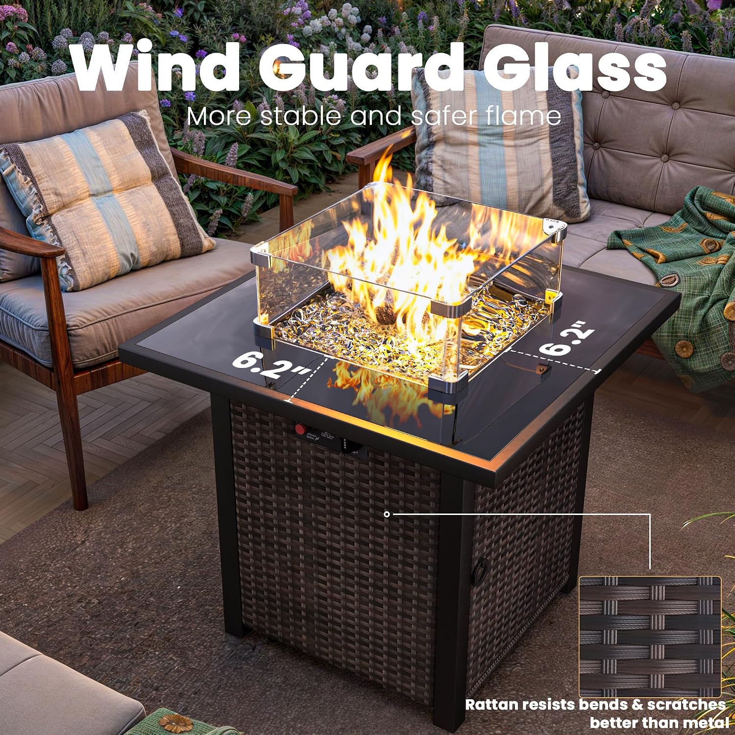Propane Outdoor Fire Pit Table, 28' Rattan Square Fire Pit Table, Outdoor Gas FirePit W/Glass Wind Guard, Tempered Glass Tabletop, Lid, CSA Listed, 50,000 BTU, Outside Patio Deck & Garden, Brown