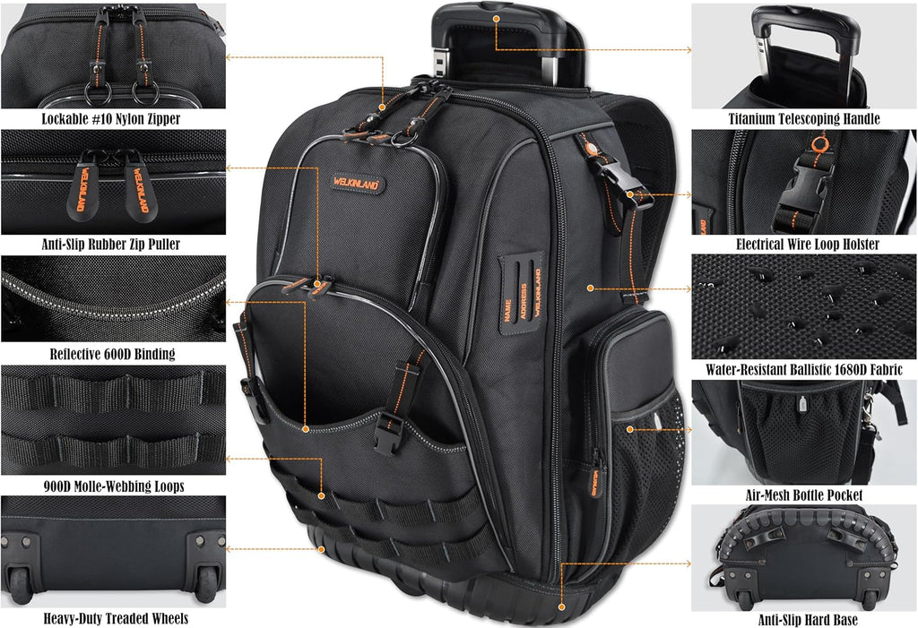 WELKINLAND 72Pockets Rolling Tool backpack, Large tool bag with wheels, Rolling Electrician bag with wheels for men