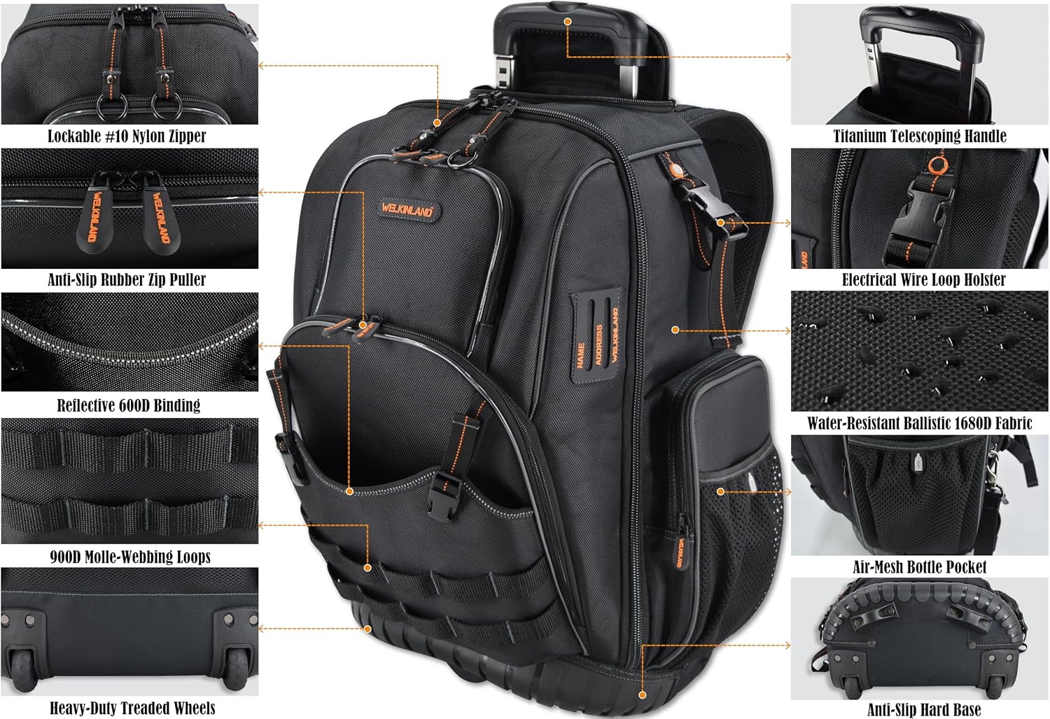 WELKINLAND 72Pockets Rolling Tool backpack, Large tool bag with wheels, Rolling Electrician bag with wheels for men