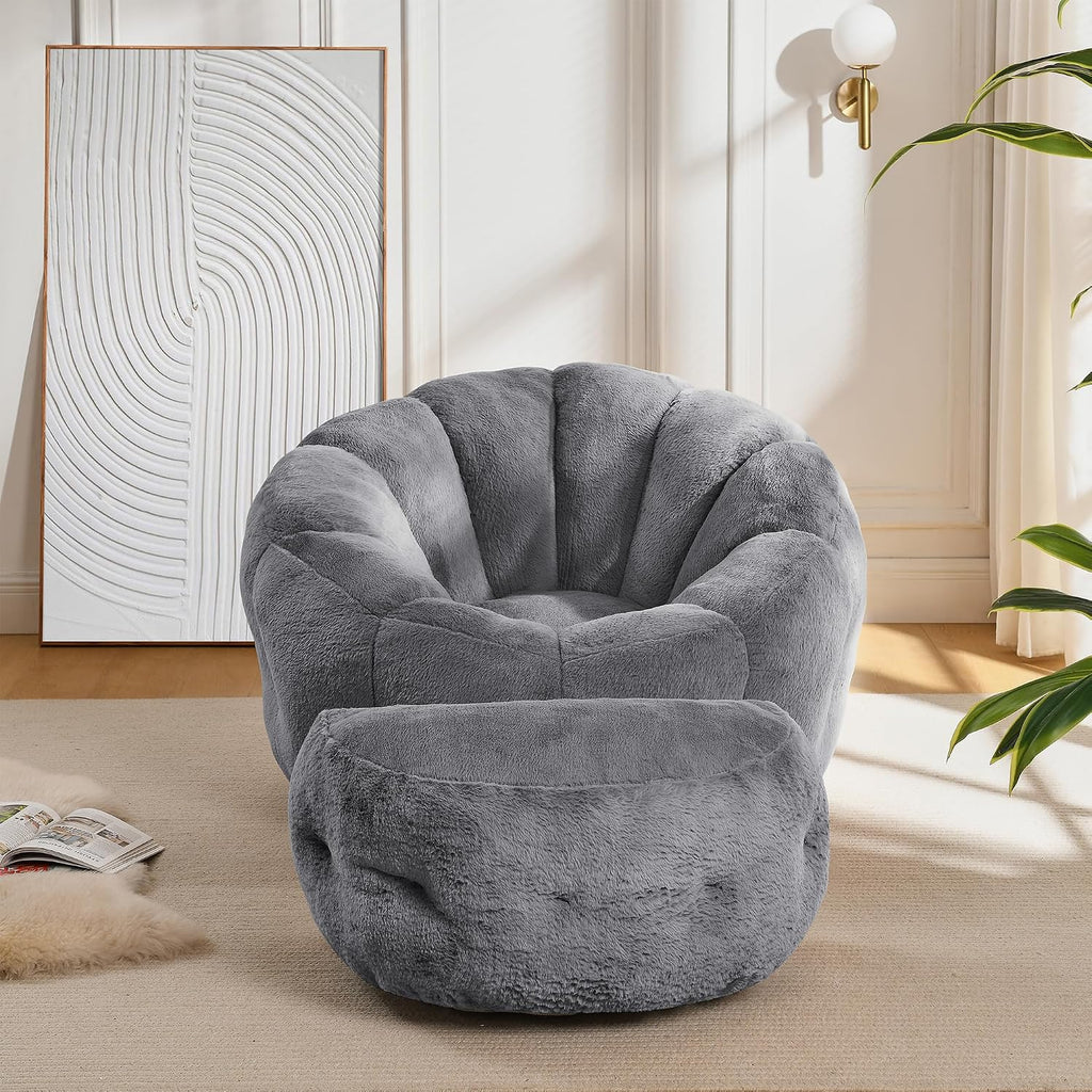 Bean Bag Chair with Ottoman, Flower Bean Bag Chairs for Adults and Teens, Comfy Plush Faux Fur Reading Chair for Living Room, Bedroom, Apartment, Dorm, Grey