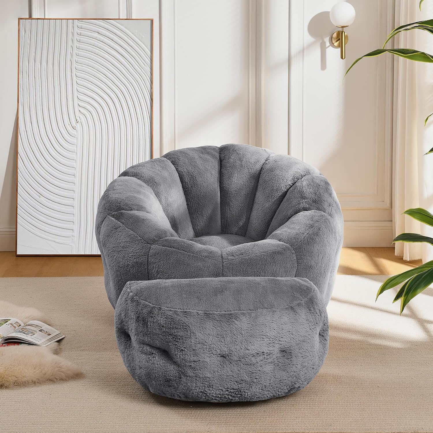 Bean Bag Chair with Ottoman, Flower Bean Bag Chairs for Adults and Teens, Comfy Plush Faux Fur Reading Chair for Living Room, Bedroom, Apartment, Dorm, Grey