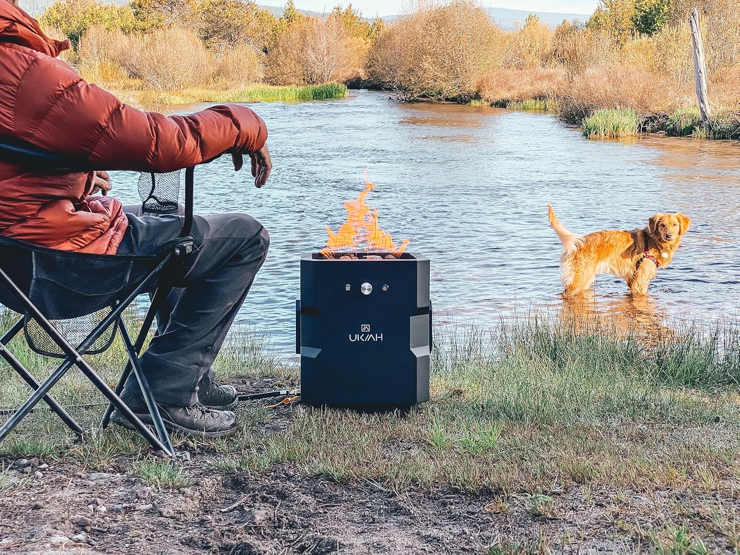 Onlyfire Tailgater II Music Fire Fit Table by Beat Fire to Music Technology - Portable Camping Fire Pit Patio Furniture with Stainless Steel Burner, Lava Rock & Built-in Entertainment Sound System