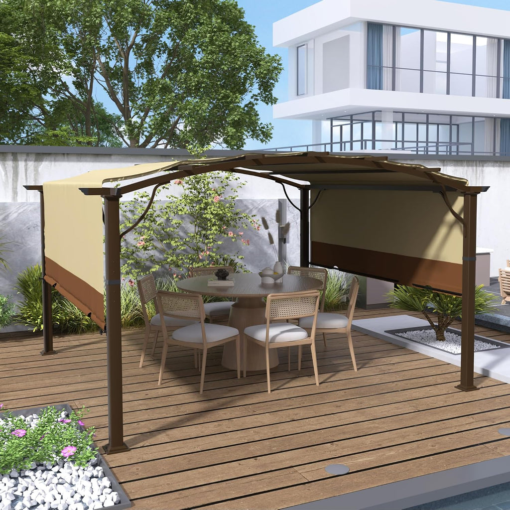 12' x12' Arched Outdoor Pergola for Deck, Outdoor Retractable Canopy and Hardware, Aluminum Frame with Canopy Fixed in Various Positions (Brown)