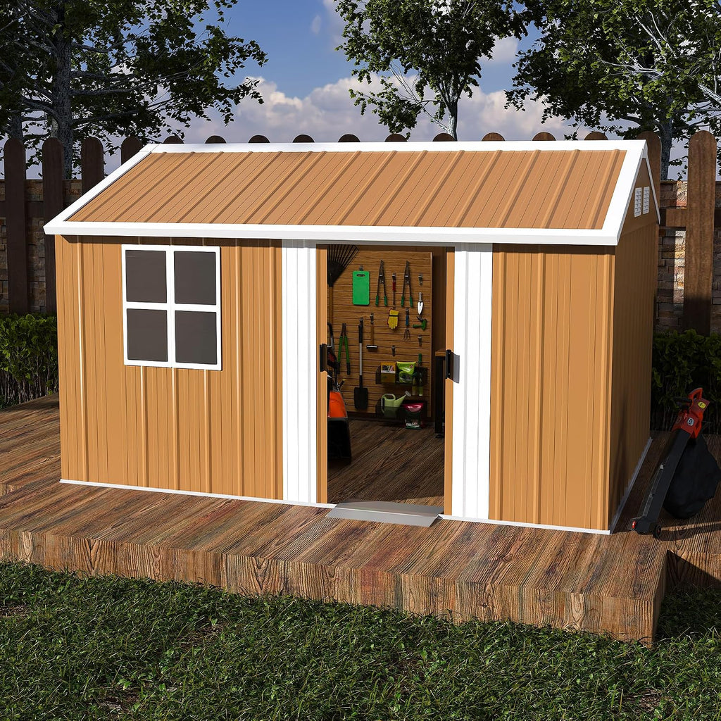 8x12 Outdoor Storage Shed, Heavy Duty Metal Shed, Lockable Garden Sheds with Sliding Door, Window and Airflow Design, Waterproof Steel Tool Sheds & Outdoor Storage for Backyard