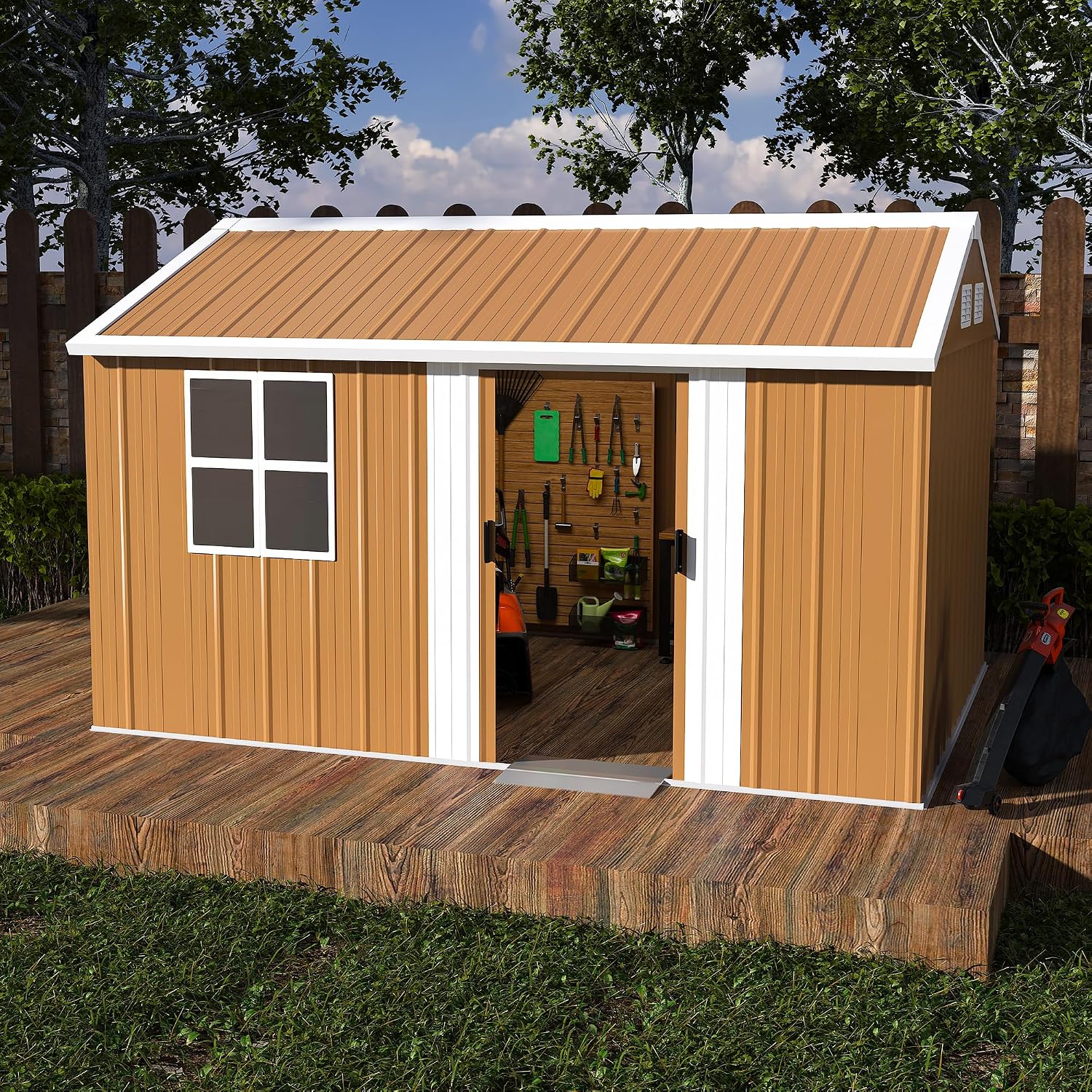 8x12 Outdoor Storage Shed, Heavy Duty Metal Shed, Lockable Garden Sheds with Sliding Door, Window and Airflow Design, Waterproof Steel Tool Sheds & Outdoor Storage for Backyard
